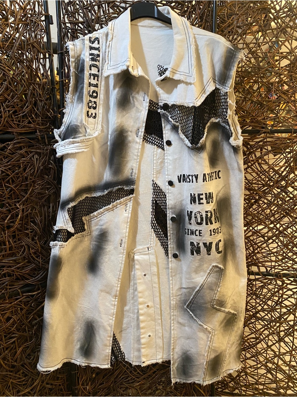 Graphic Distressed Sleeveless Denim Vest - White & Black